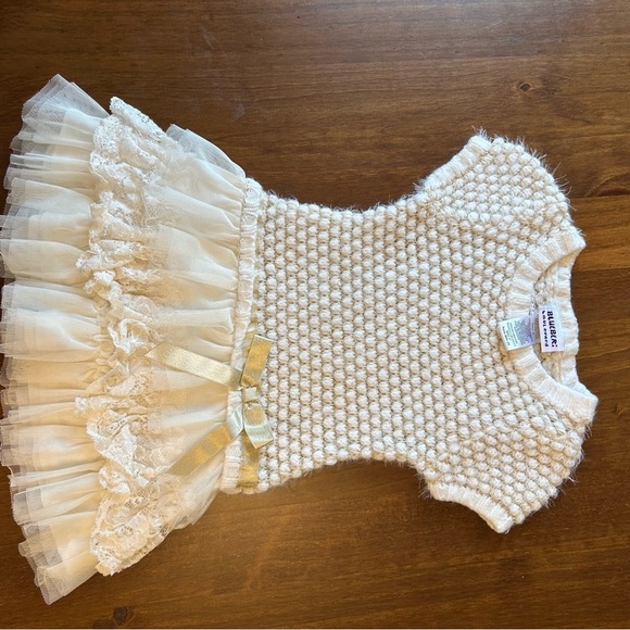 Blueberi Boulevard Other - Blueberi Boulevard Cream Knit & Tulle Dress with Gold Bow | Baby Girl 3T